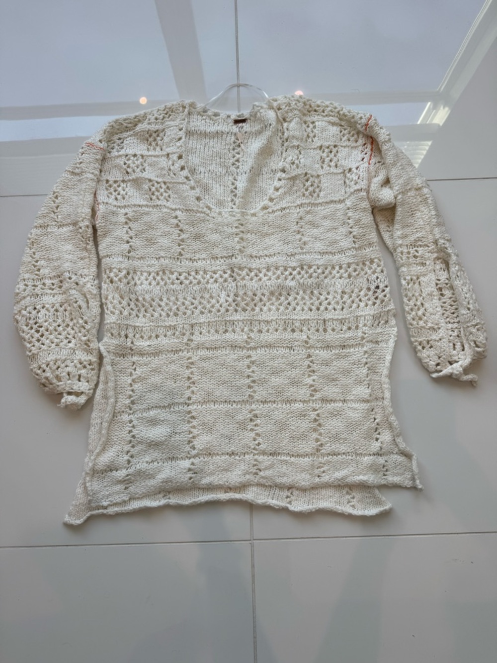 Free People Creamy White Open-Knit V-Neck Sweater